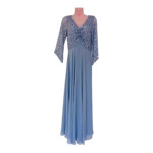 JKARA Sequin Chiffon Blue Formal Gown White Tie Wedding Prom Elegant Maxi Dress
